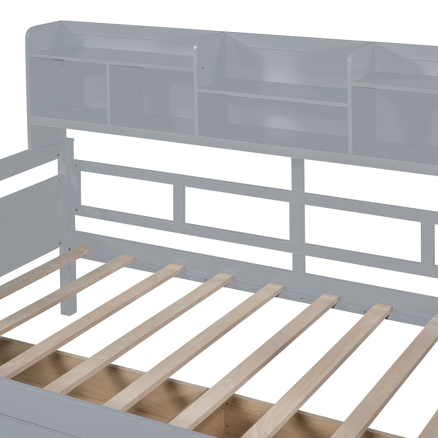 Twin Size Daybed, Slat Support, With Bedside Shelves And 2 Drawers - Gray