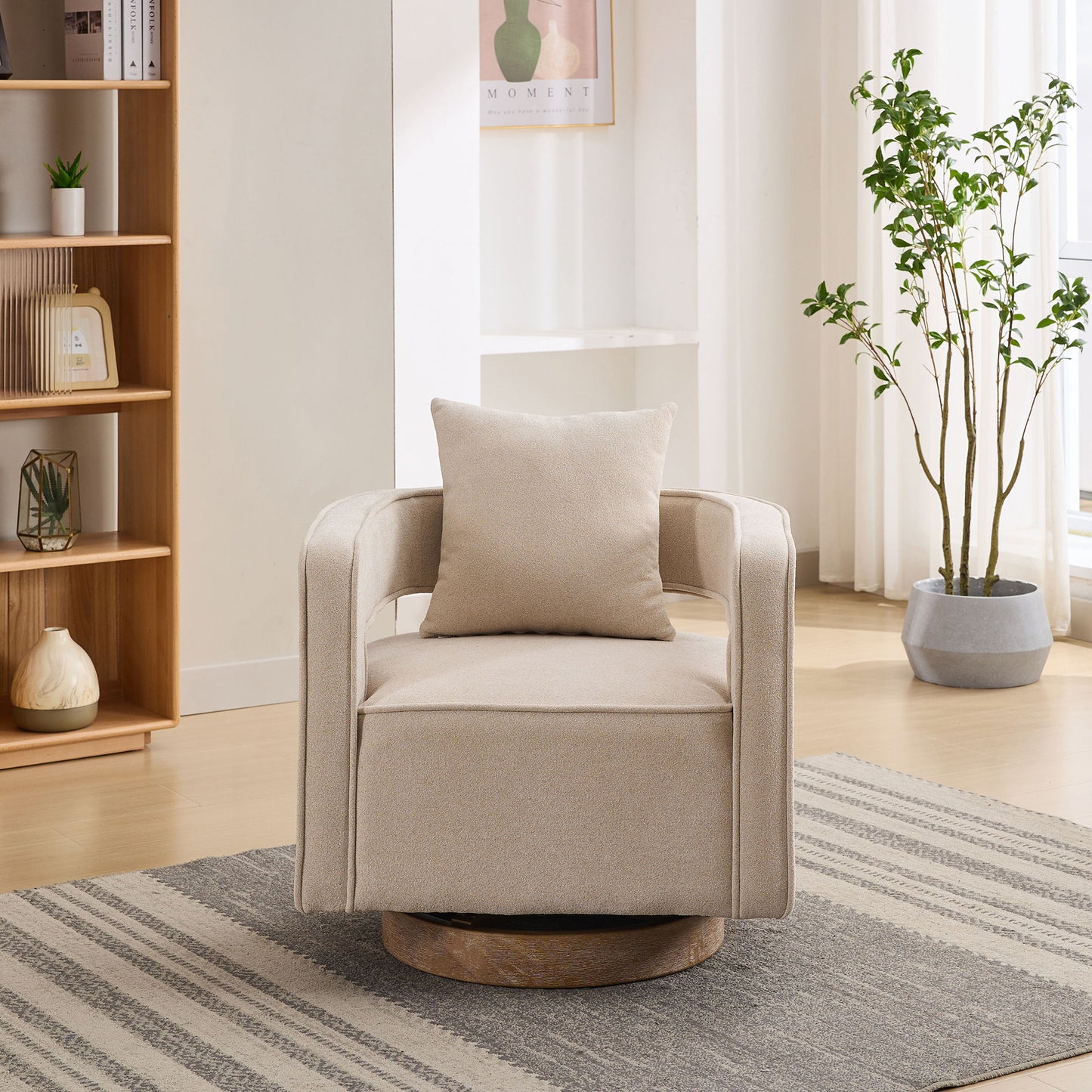 Swivel Accent Open Back Chair Modern Comfy Sofa Chair With Weathered Base For Living Room, Club Chair Leisure Arm Chair For Lounge - Beige