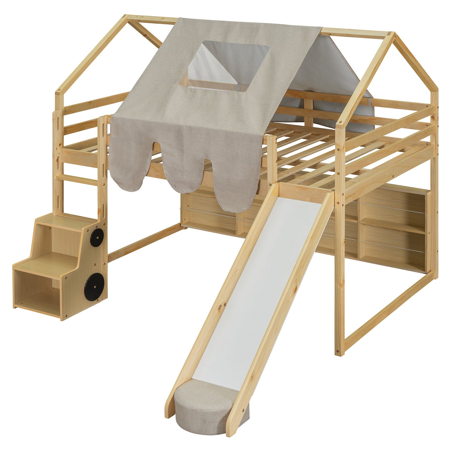 Full Size Loft Bed House Shaped Frame With Tent - Natural / Beige