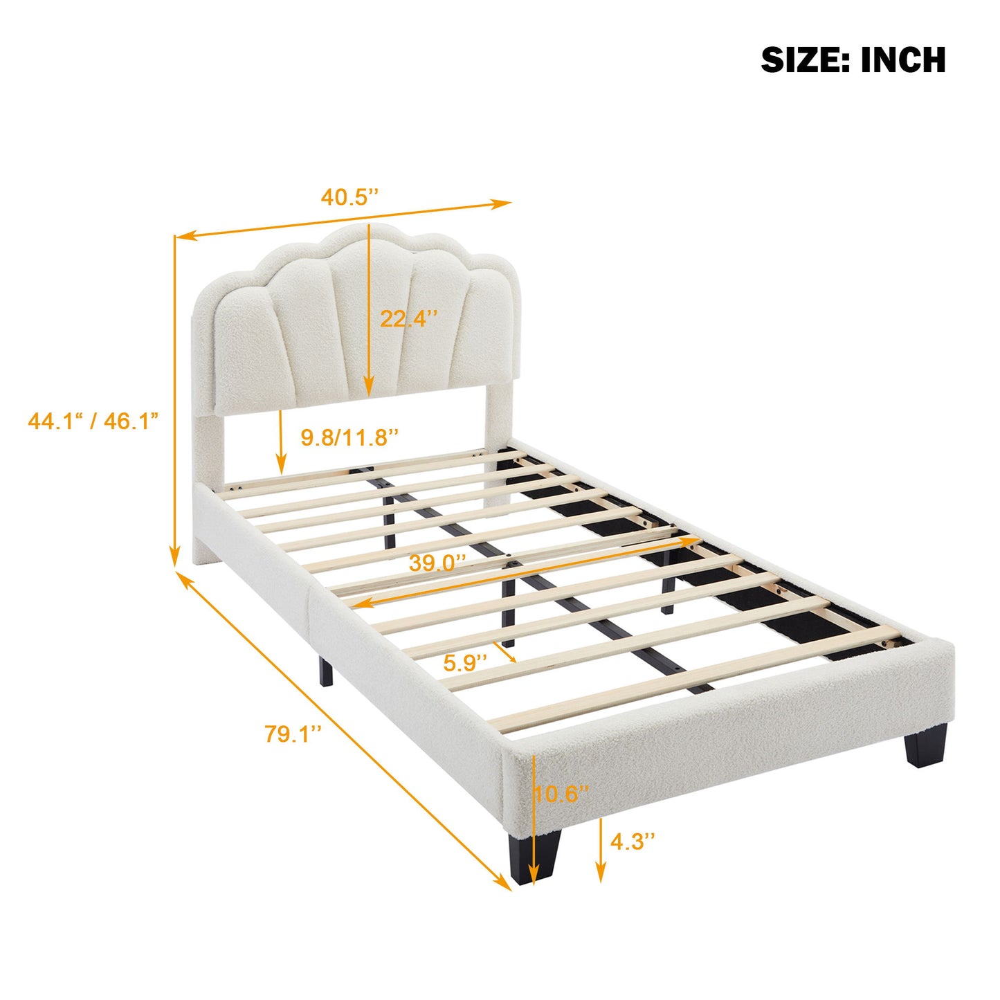 Twin Size Upholstered Flower-Shape Bed, Elegant Flowers Headboard With LED Light Strip, Sherpa Fabric Platform Bed With Slats Support - White