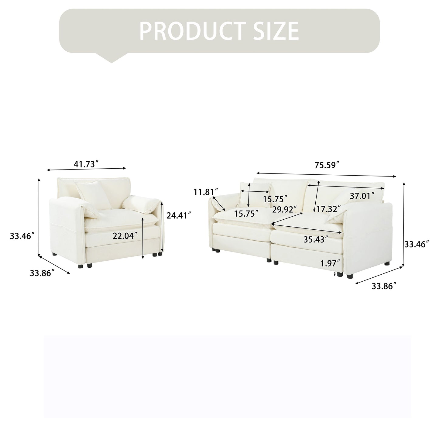 Luxury Deep Seat 2 Piece Loveseat Couch & Sofa Armchair Set, Modern Upholstered Chenille Cloud Couches - Beige