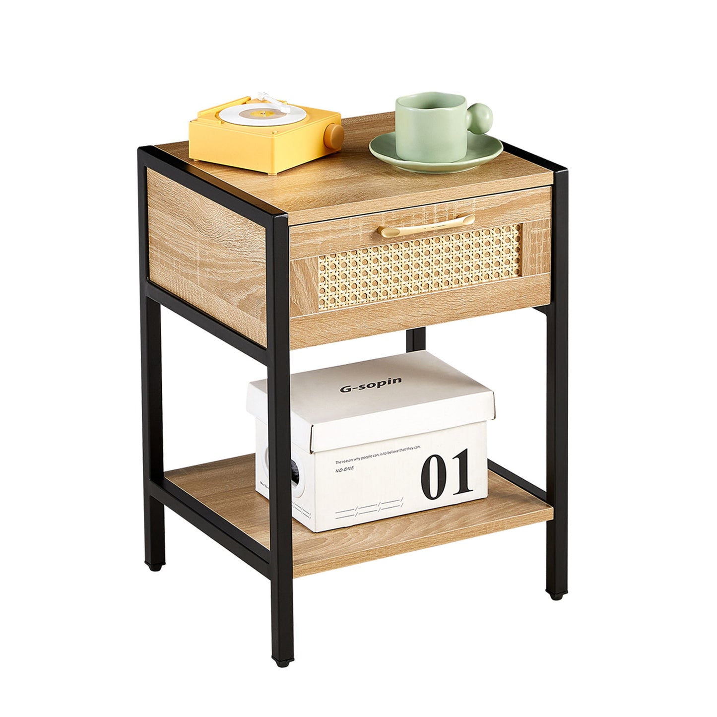 15.74" Rattan End Table With Drawer, Modern Nightstand, Metal Legs, Side Table For Living Room, Bedroom - Natural