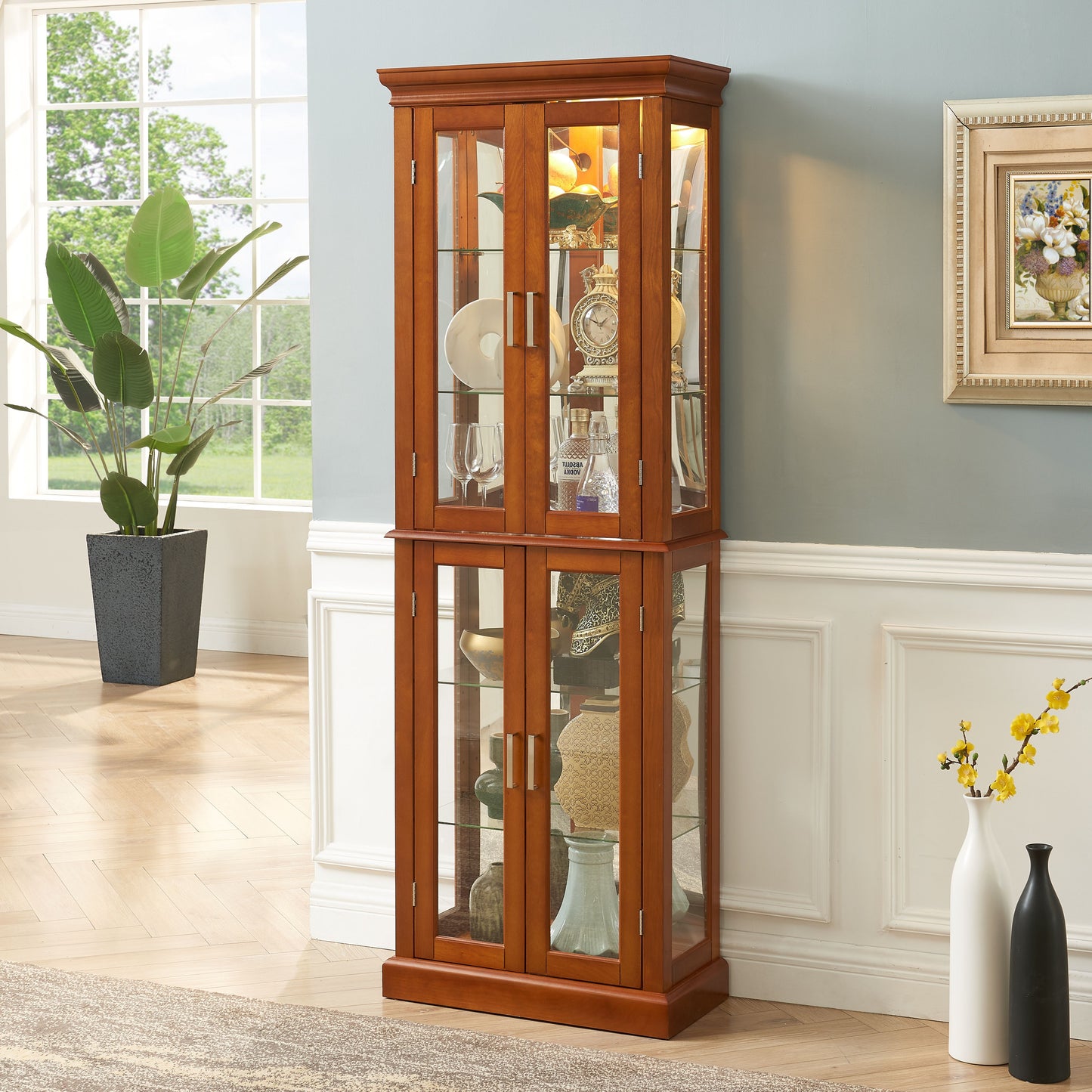 Curio Cabinet Lighted Curio Diapaly Cabinet With Adjustable Shelves And Mirrored Back Panel, Tempered Glass Doors (6 Tier), (E26 Light Bulb Not Included) - Walnut