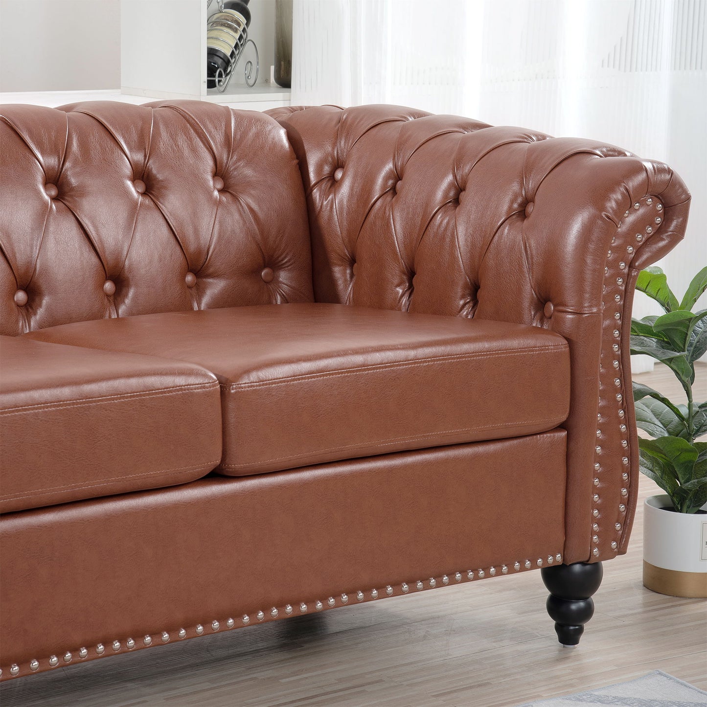 Rolled Arm Chesterfield Three Seater Sofa - Brown