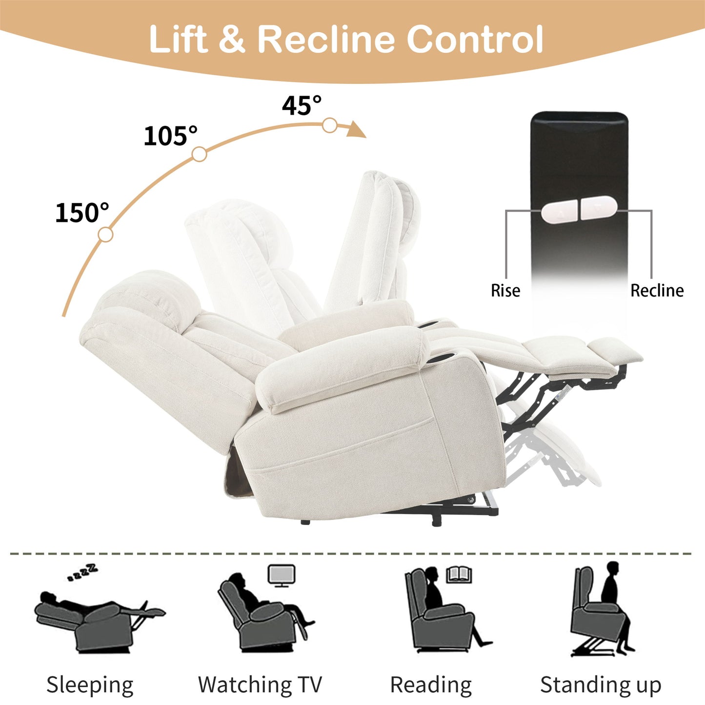 Power Lift Recliner Chair - Fabric Single Sofa With Extended Footrest, Remote Control, Cup Holders, And Side Pockets For Living Room Or Home Theater - Light Gray