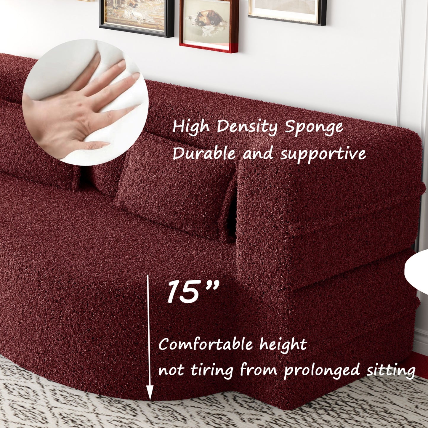 Modern Floor Sofa With 2 Pillows, Convertible Teddy Fabric Foam Filled Sleeper Sofa Bed, Full Size Folding Mattress For Living Room Guest Bed, Playroom, No Assembly Required - Burgundy