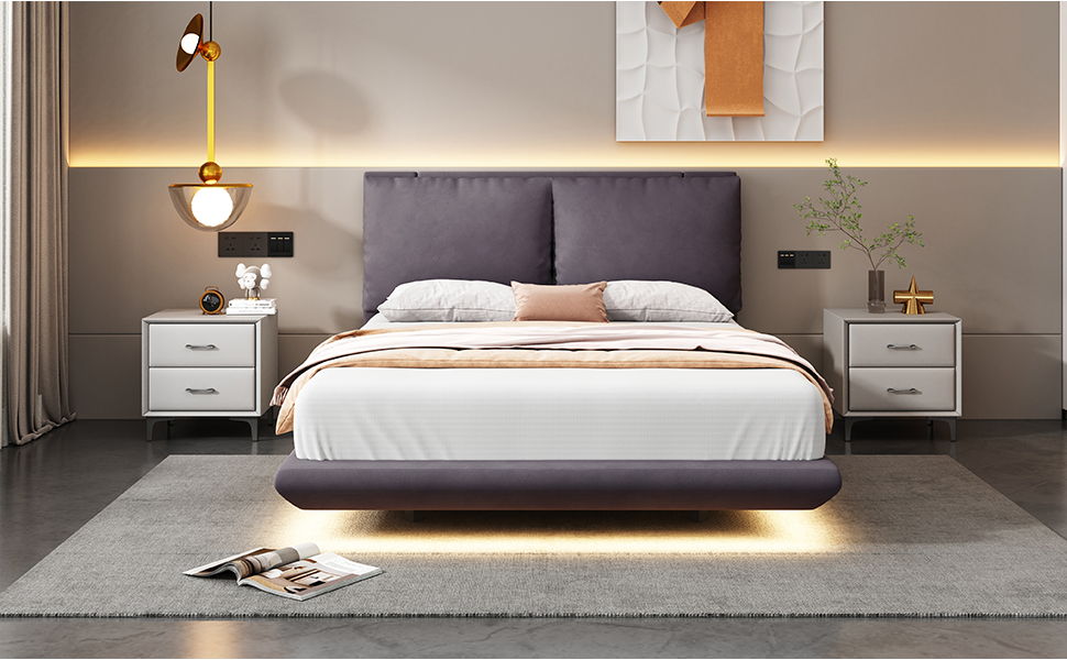 Full Size Upholstered Platform Bed With Sensor Light And 2 Large Backrests, Stylish Platform Bed With 2 Sets Of USB Port And Socket On Each Rear Bed Leg - Gray