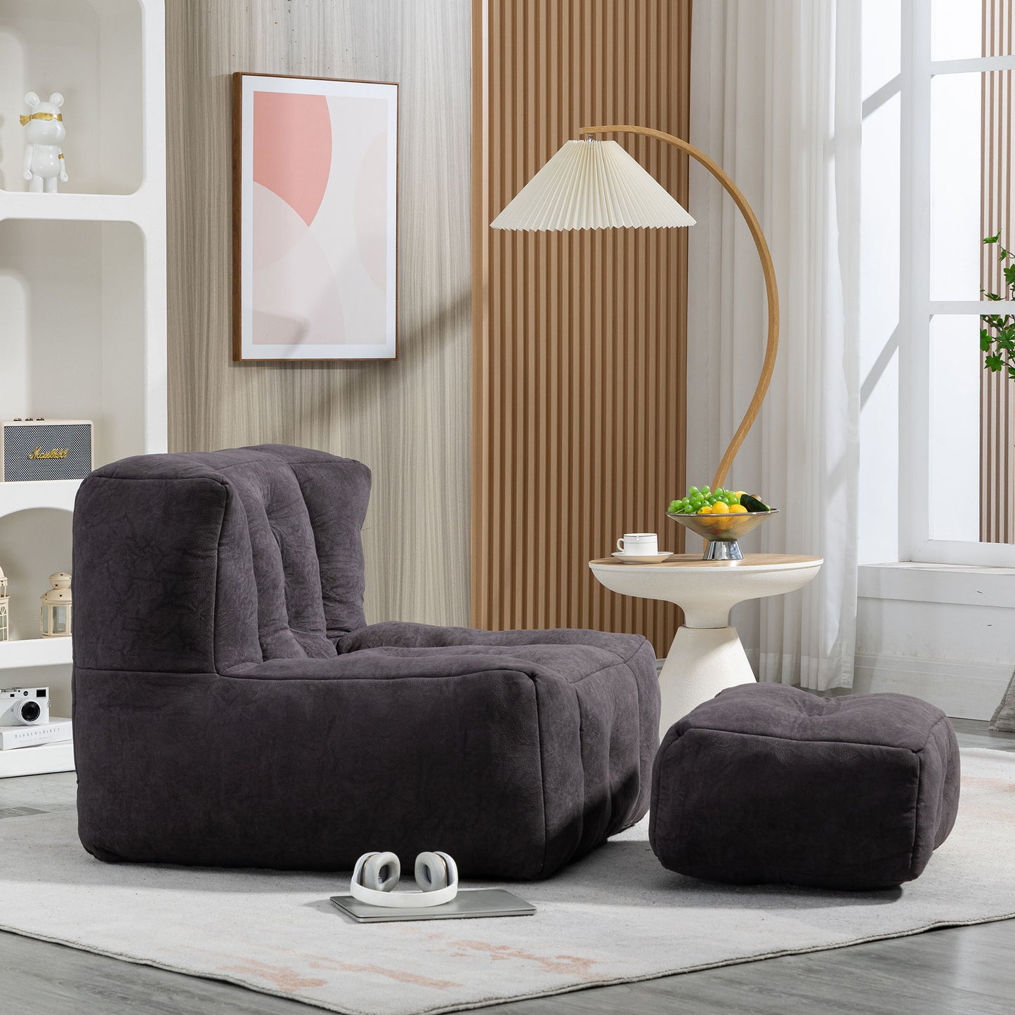 Fluffy Bean Bag Chair, Comfortable Bean Bag For Adults And Children, Super Soft Lazy Sofa Chair With Memory Foam And Ottoman, Indoor Modern Focus Bean Bag Chair For Living Room, Bedroom, Apartment - Black