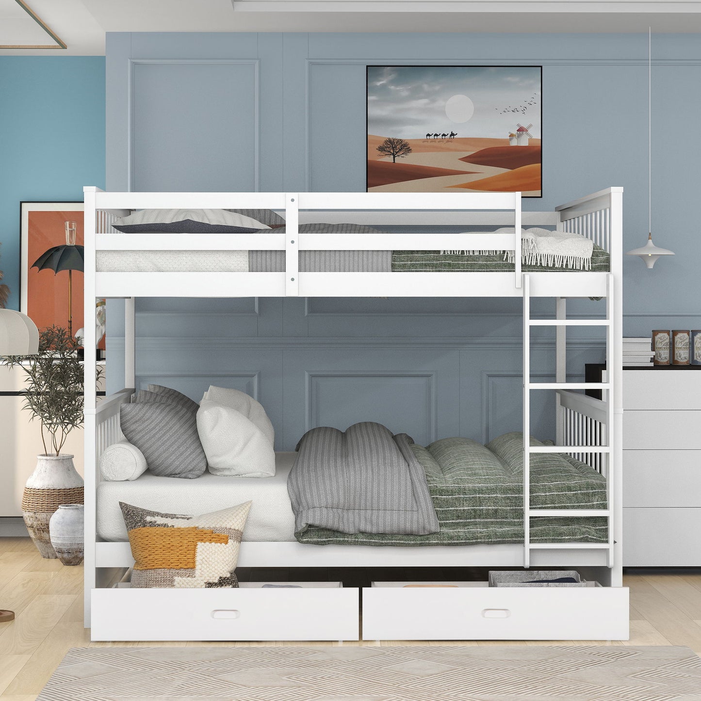 Full Over Full Bunk Bed With Ladders And 2 Storage Drawers - White