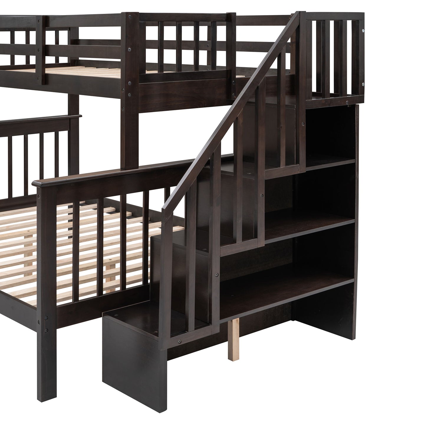Twin Over Full Stairway Bunk Bed With Drawer, Storage And Guard Rail For Bedroom - Espresso