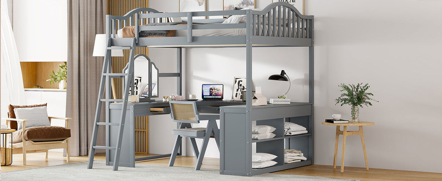Full Loft Bed With U Shaped Desk, Storage Compartments And Tri Fold Mirror - Gray