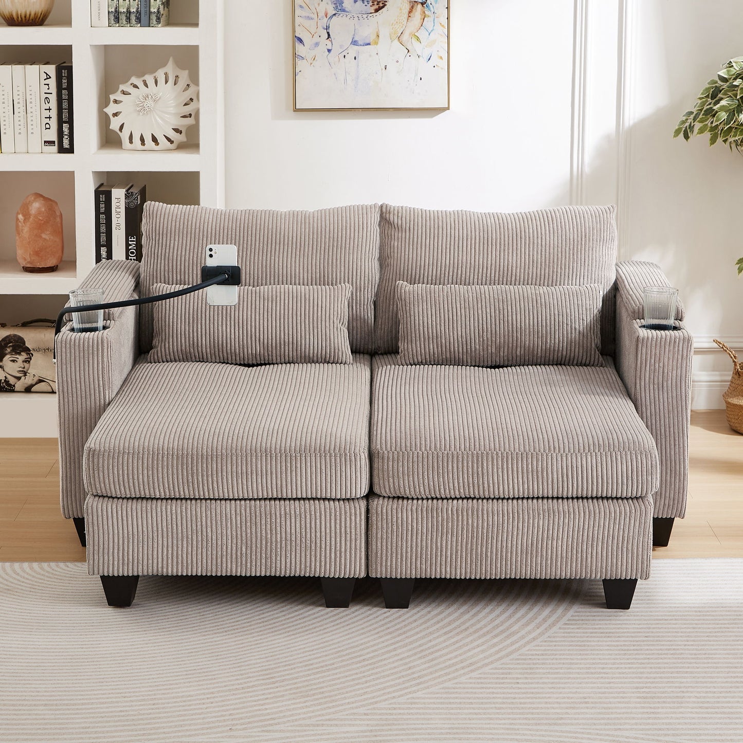 Convertible Chaise Lounge Loveseat Sofa Bed With USB Ports, Cup Holders, Phone Holder, Storage - Brown