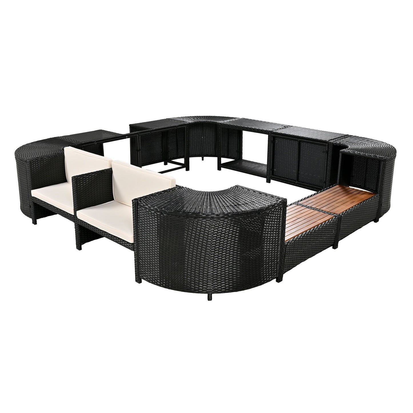 Spa Surround Spa Frame Quadrilateral Outdoor Rattan Sectional Sofa Set With Mini Sofa, Wooden Seats And Storage Spaces - Beige