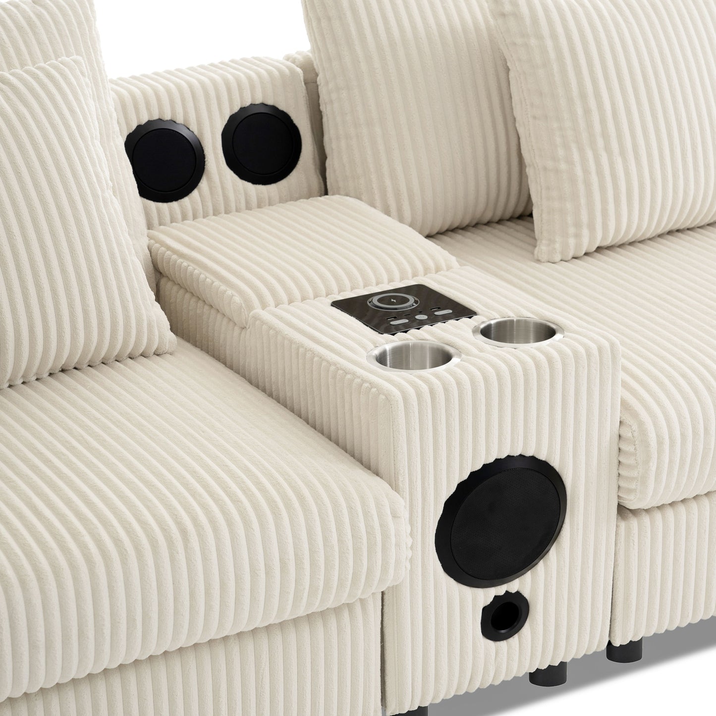 Sectional With Bluetooth Speakers L Shaped Couch With Console USB Charger, Cup Holders Storage Ottoman Deep And Wide Seat Cloud Sofa - Cream