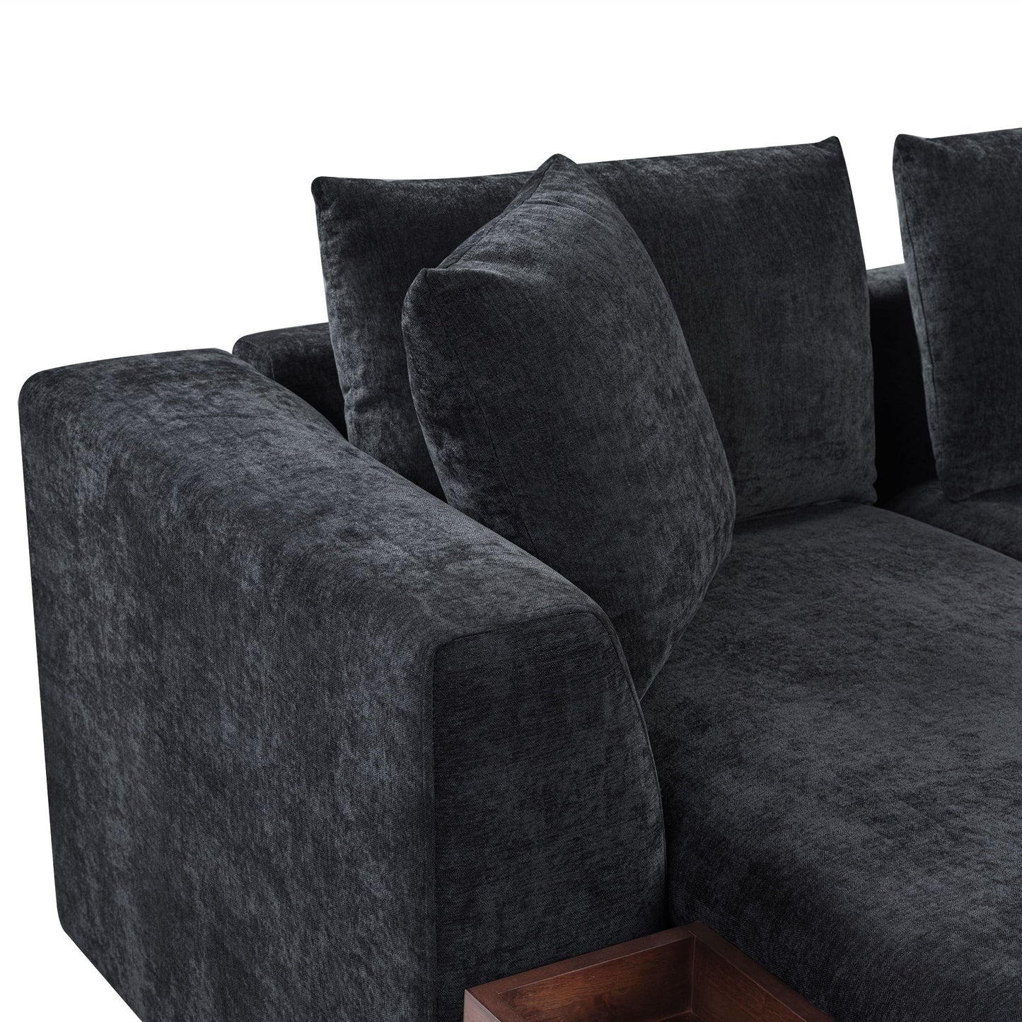 Modern L Shaped Sectional Sofa With Chenille Upholstery And Wooden Storage - Black