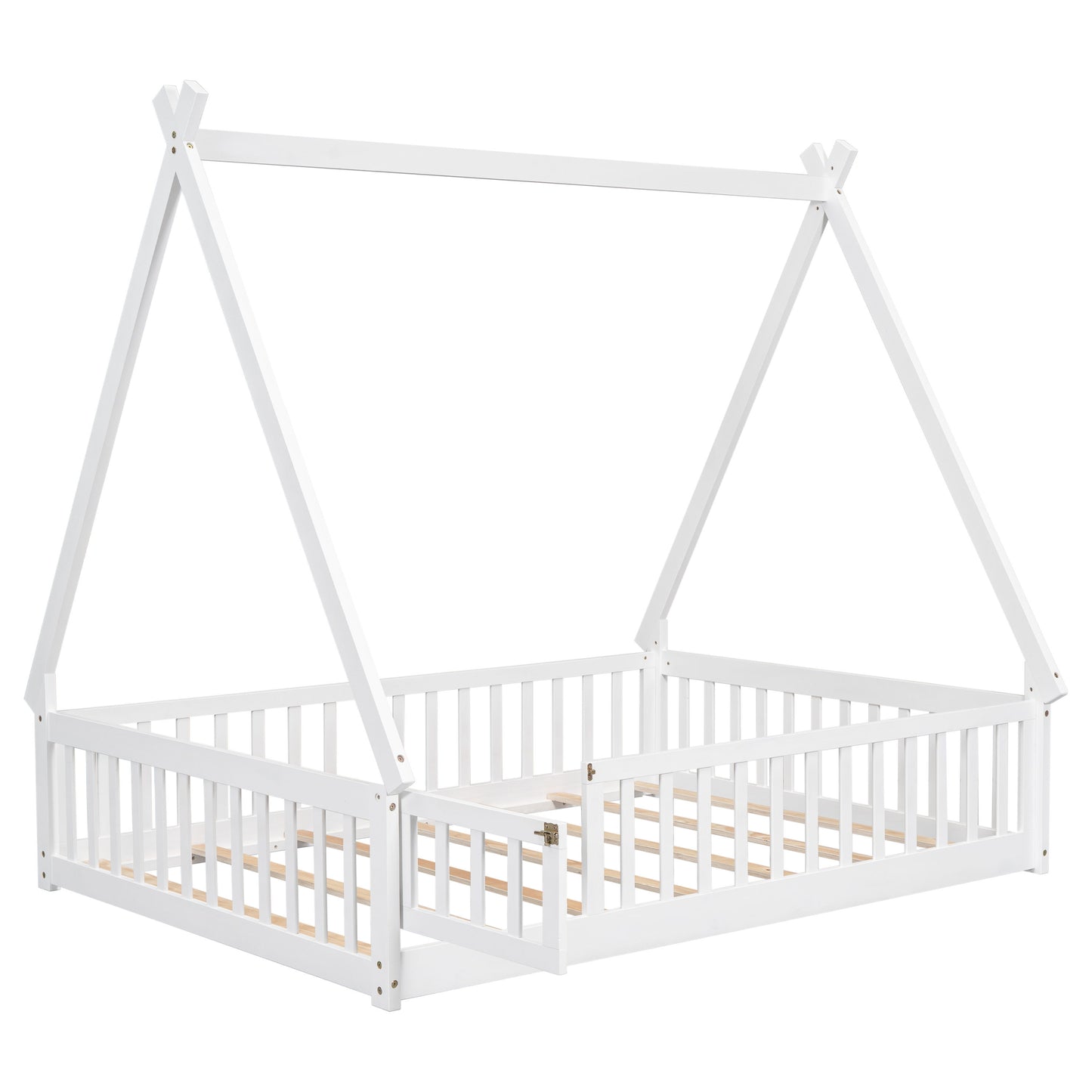 Full Tent-Shaped Floor Bed, With Guardrails, Slats, Door - White