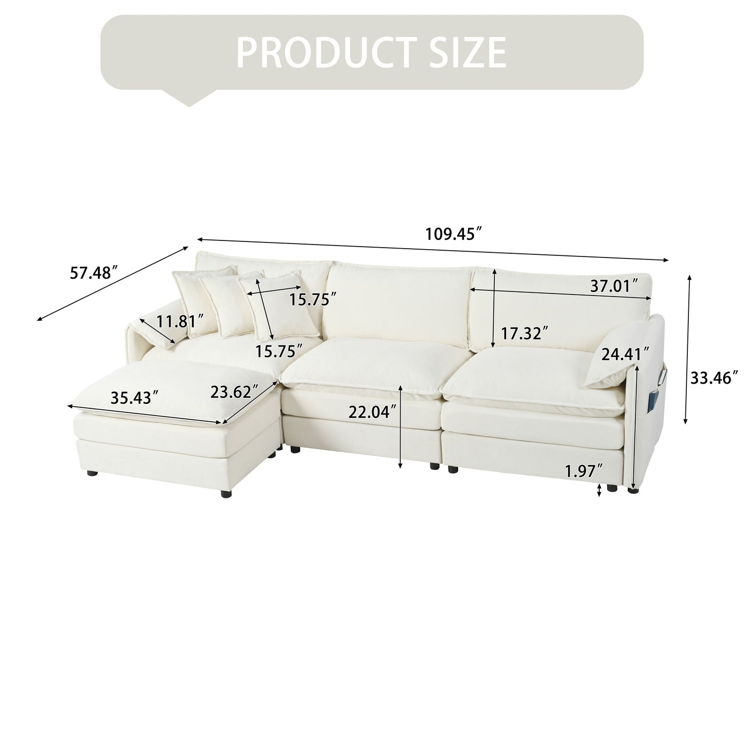 Modular Sectional Sofa Oversized Deep Seat L Shaped Couch Set With Movable Ottoman Beige