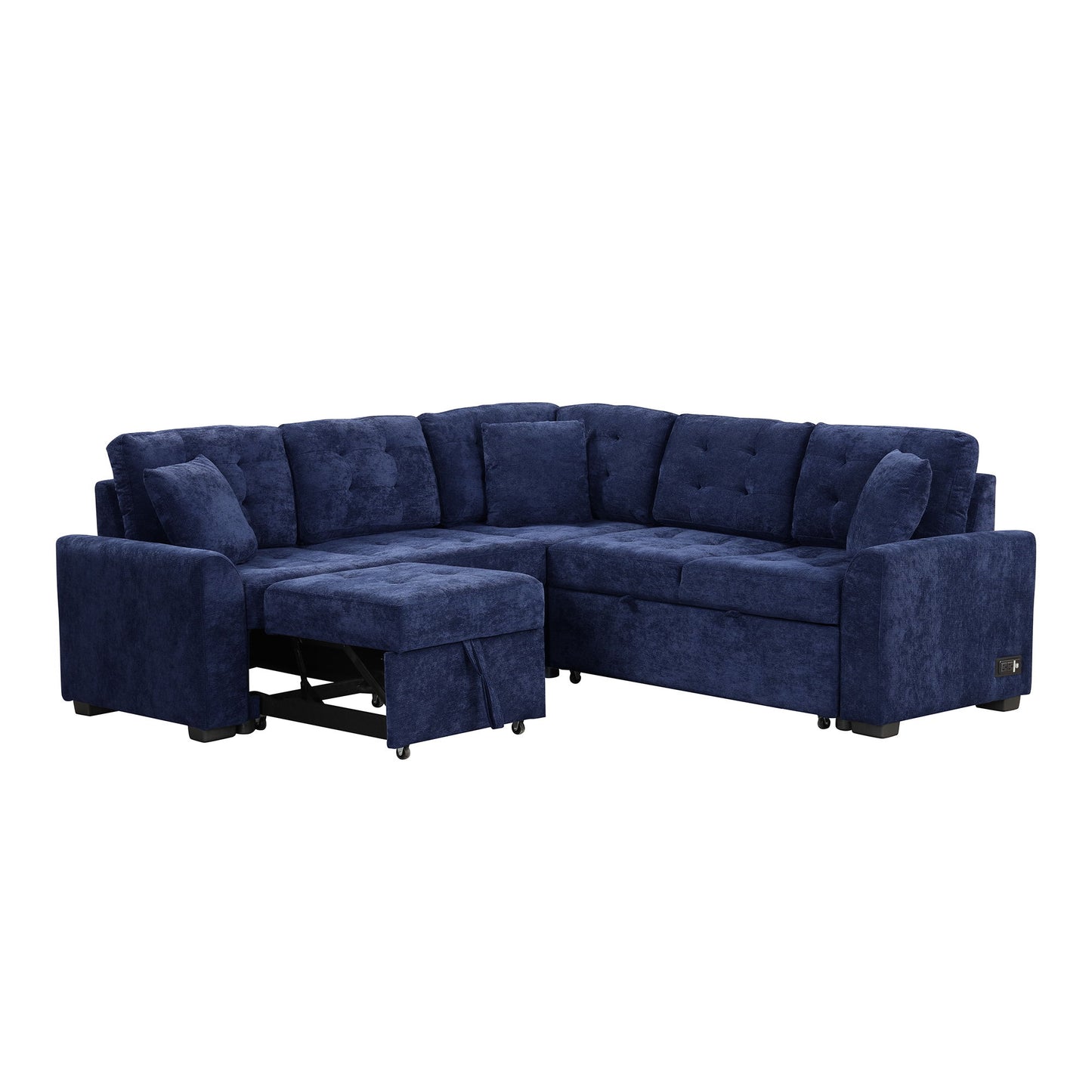 L-Shape Sofa Bed Pull-Out Sleeper Sofa With Wheels, USB Ports, Power Sockets For Living Room - Navy Blue