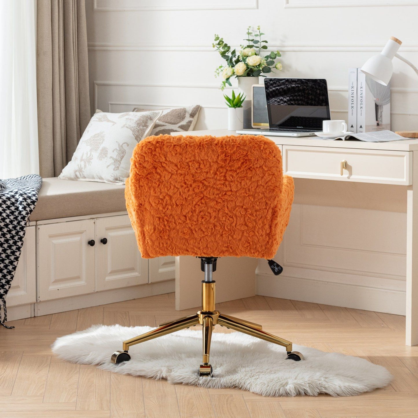 Office Chair, Artificial Rabbit Hair Home Office Chair With Golden Metal Base, Adjustable Desk Chair Swivel Office Chair, Vanity Chair - Orange