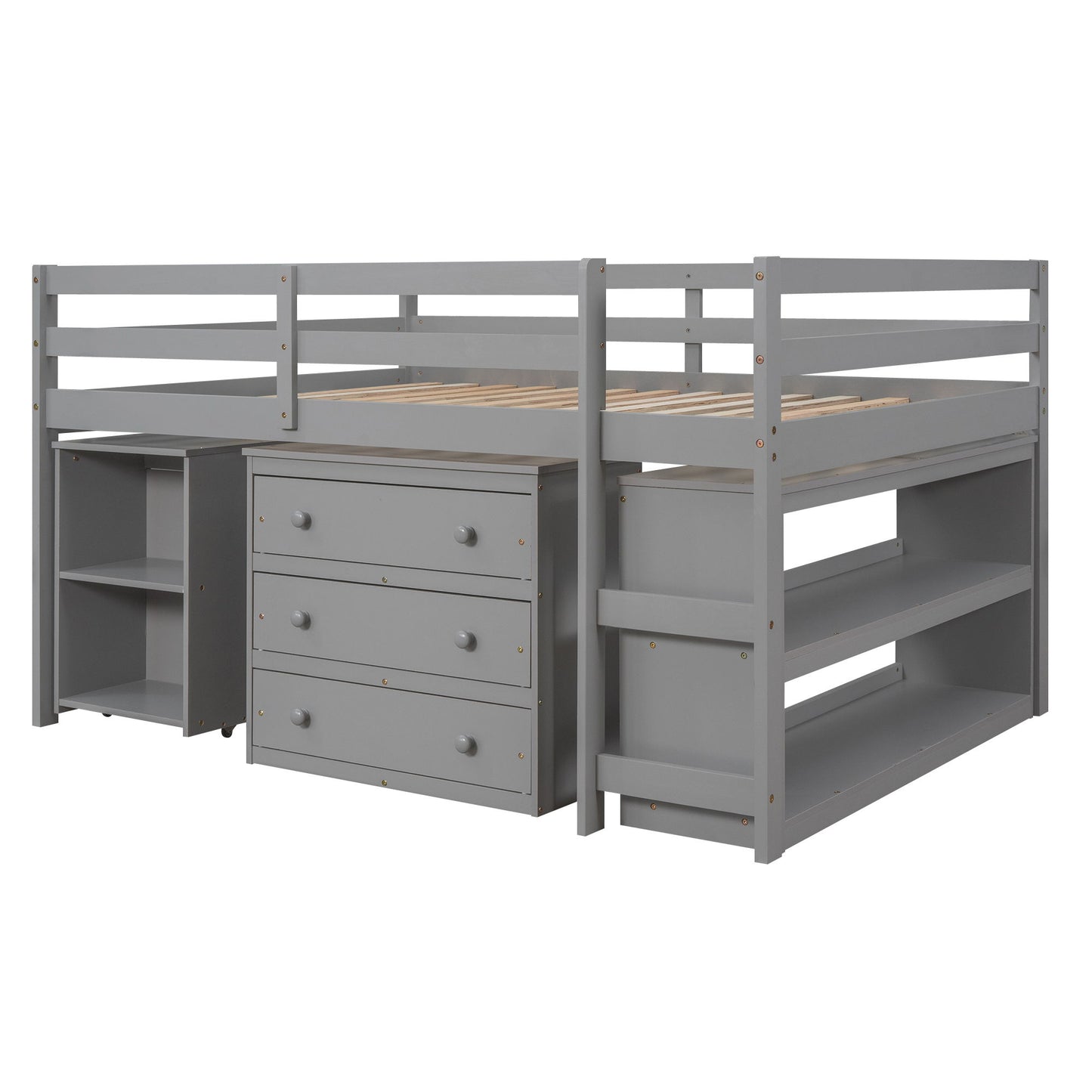Full Loft Low Study Bed With Cabinet, Shelves And Rolling Portable Desk, Multiple Functions- Gray