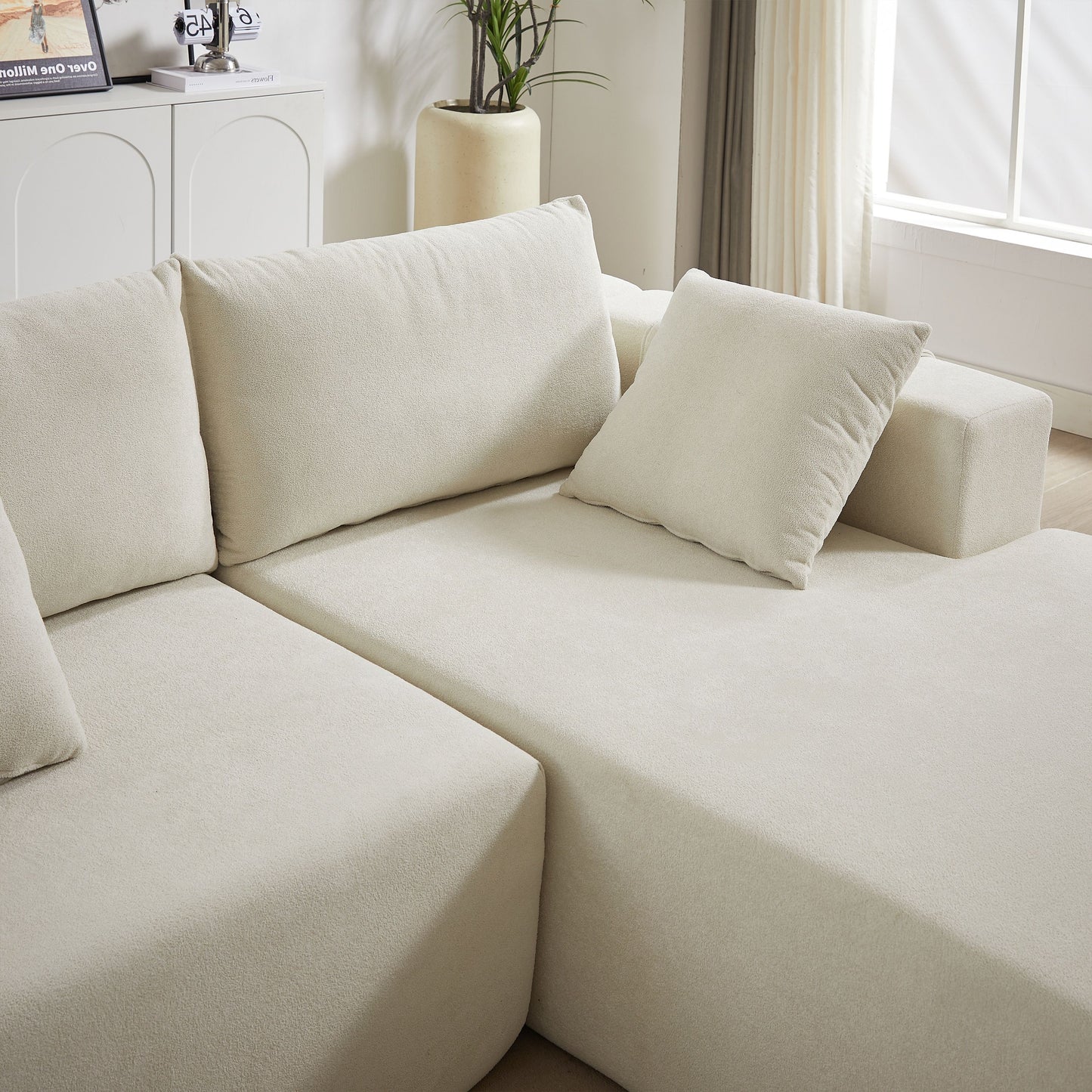 Modern Chenille Upholstered Sectional Sofa Couch Set, Modular L Shaped Sectional Living Room Sofa Set & 6 Pillows, Free Combination - Beige