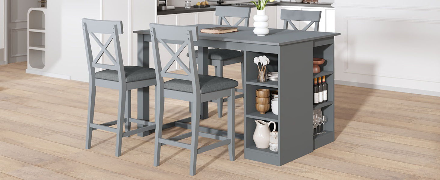 Solid Wood Farmhouse Counter Height Dining Table Set With 3 Tier Storage Shelves, Upholstered Dining Chairs For 4, 5 Piece - Gray