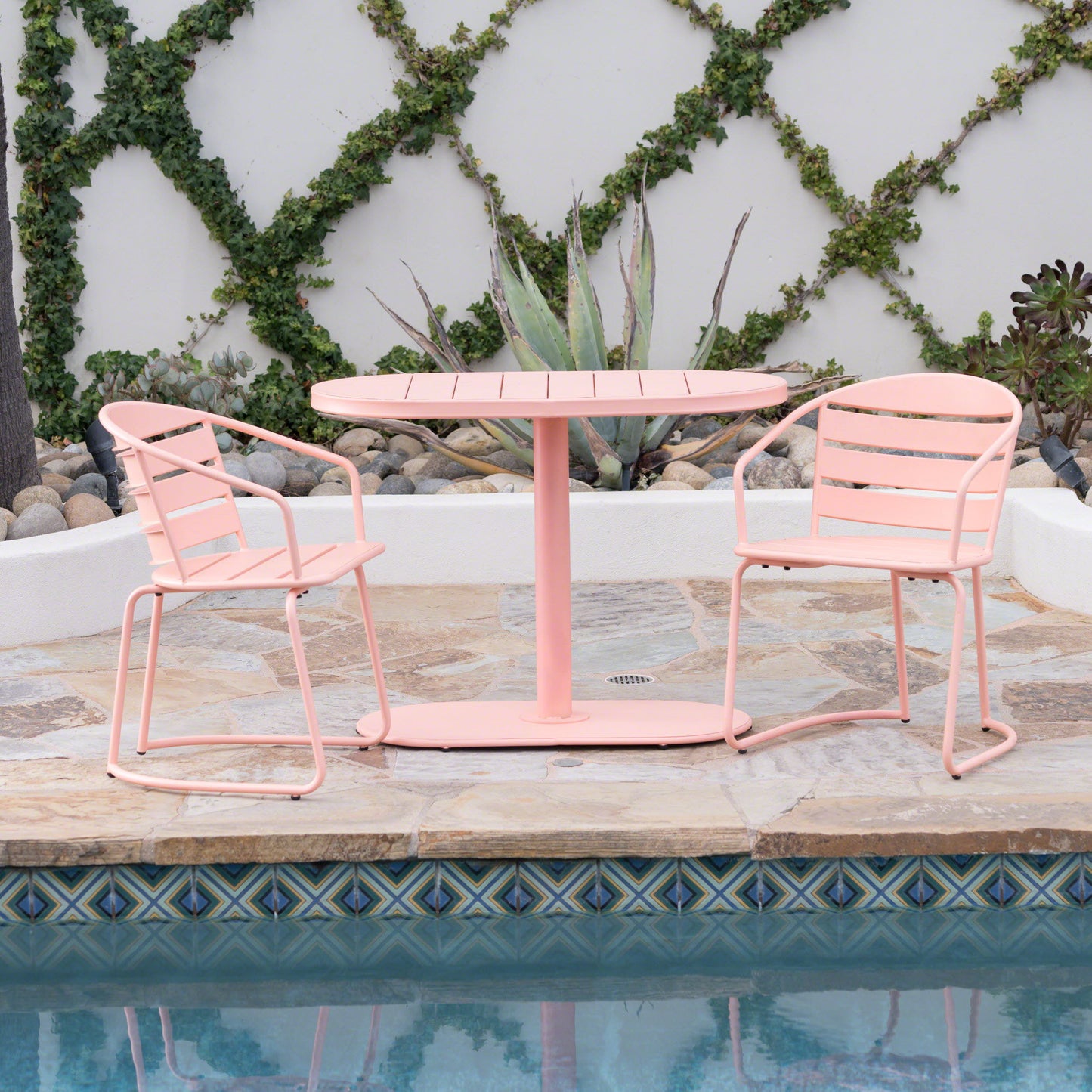 Outdoor Metal Seating Set With Coffee Table And 2 Chairs - Pink - Coral