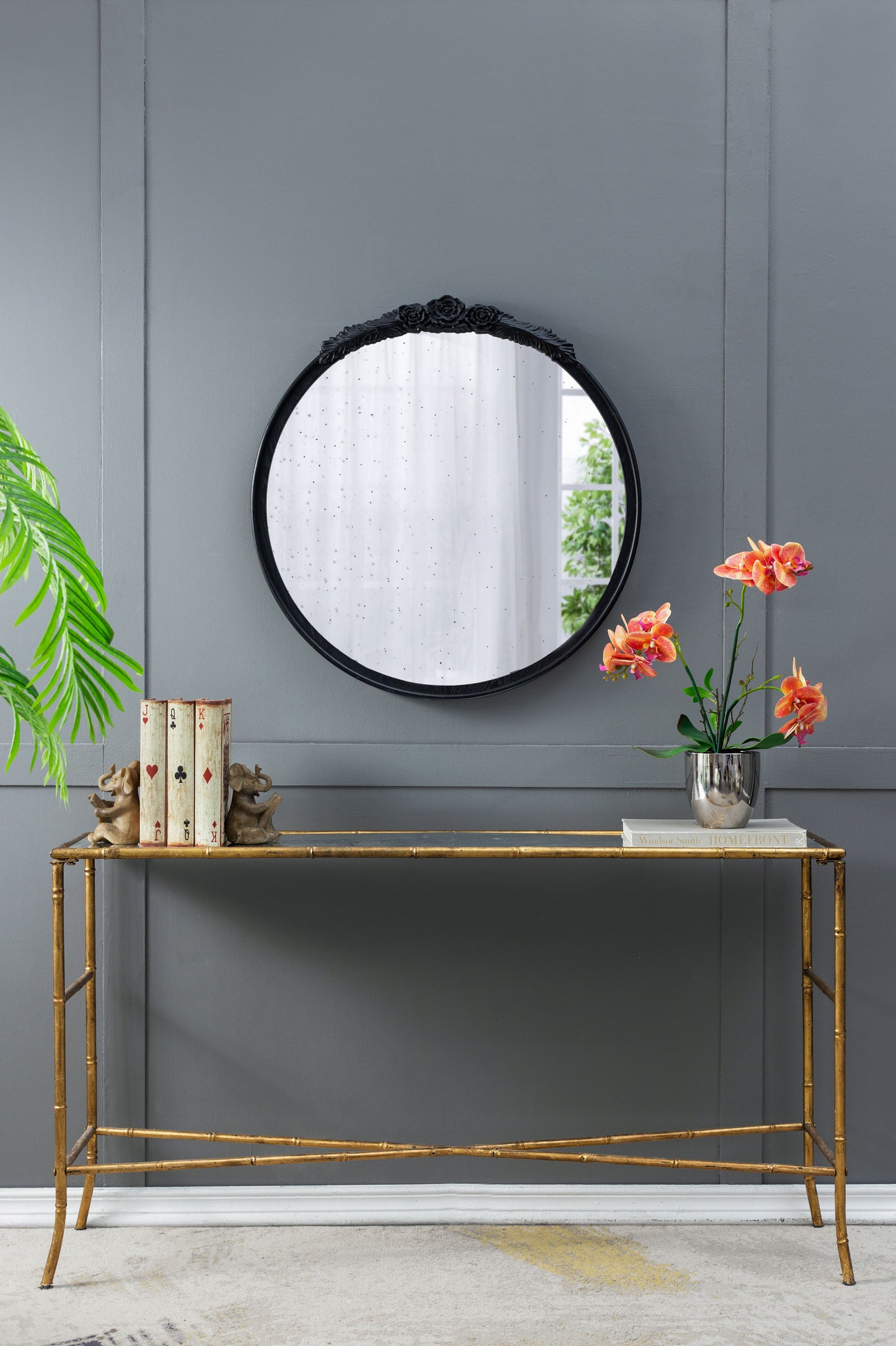 Round Hand Carved Rose Antique Mirror Frame, Wall Mirror For Live Space, Bathroom, Entryway Wall Decor - Black
