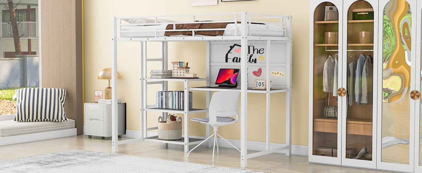 Twin Size Loft Bed With Desk And Whiteboard, Loft Bed With 3 Shelves And Ladder - White