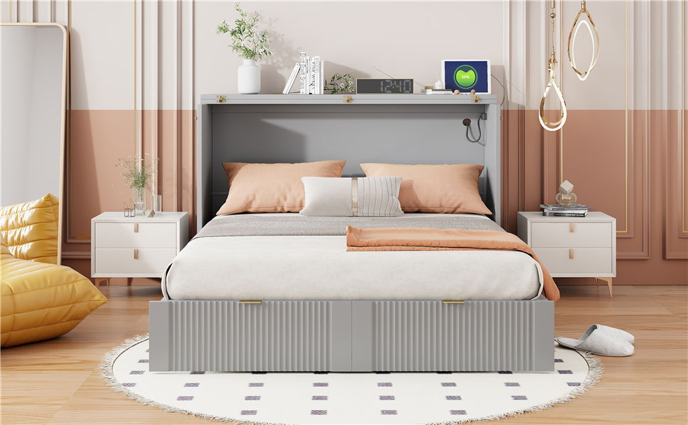 Full Size Murphy Bed With Drawer And A Set Of Sockets & USB Ports, Pulley Structure Design - Gray