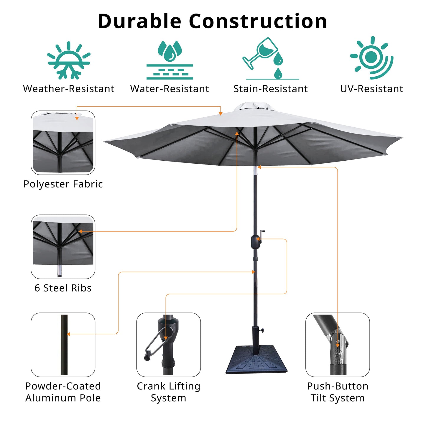 8.8' Outdoor Aluminum Patio Umbrella, Patio Umbrella, Market Umbrella With 42 Pound Square Resin Umbrella Base, Push Button Tilt And Crank Lift - Creme