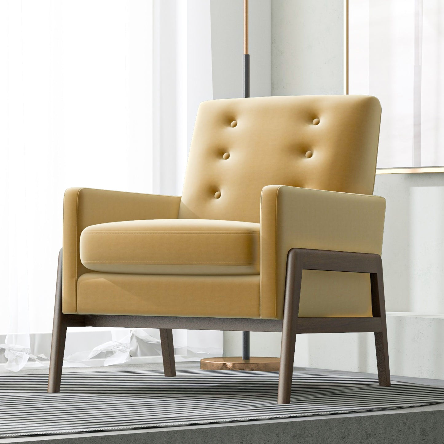 Cole - Solid Wood Lounge Chair - Yellow Fabric