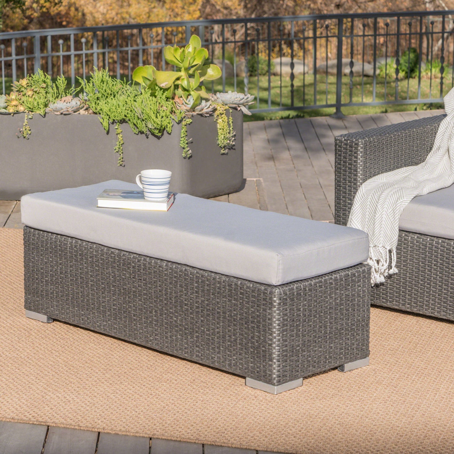 Enthrallia - Outdoor Wicker Bench With Cushion - Gray