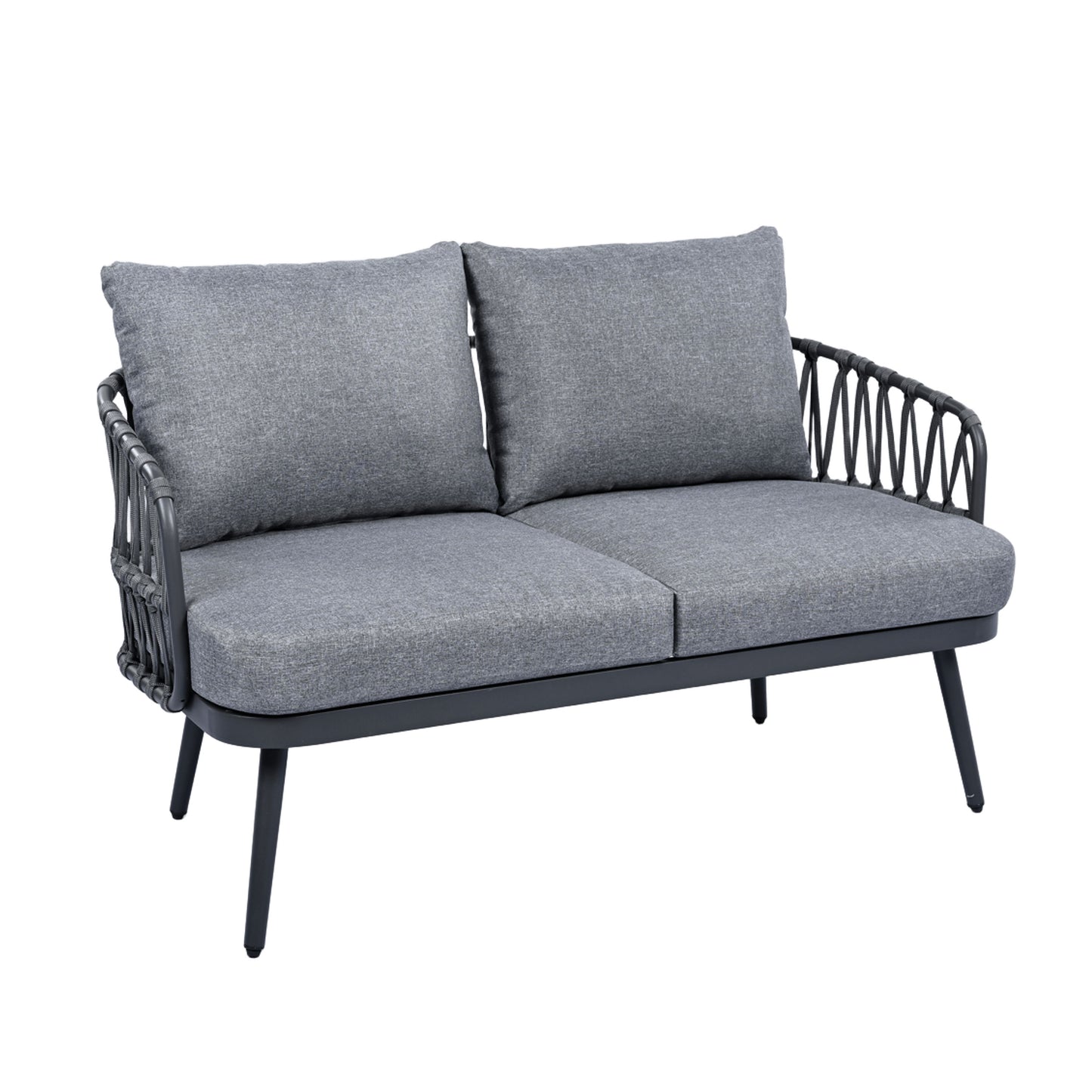 4 Piece Outdoor Patio Furniture Set, Metal Chairs With Woven Rope U Shaped Backrest, Outdoor Conversation Set With Thick Cushions And Coffee Table For Garden, Poolside, Balcony - Black / Gray