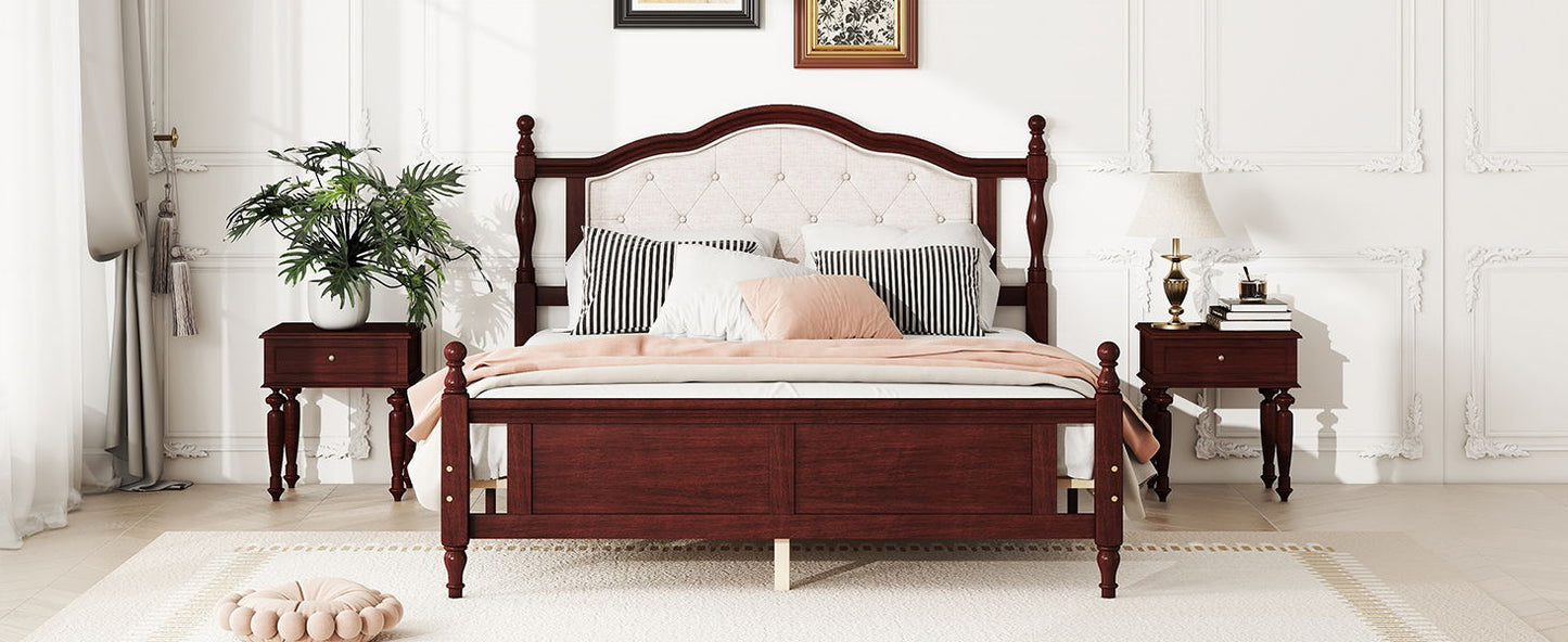 Queen Pine Wooden Bed With Upholstered Headboard And Panel Footboard, With Two Bed Rail Support Feet And Central Platform Support Feet, Classic - Cherry