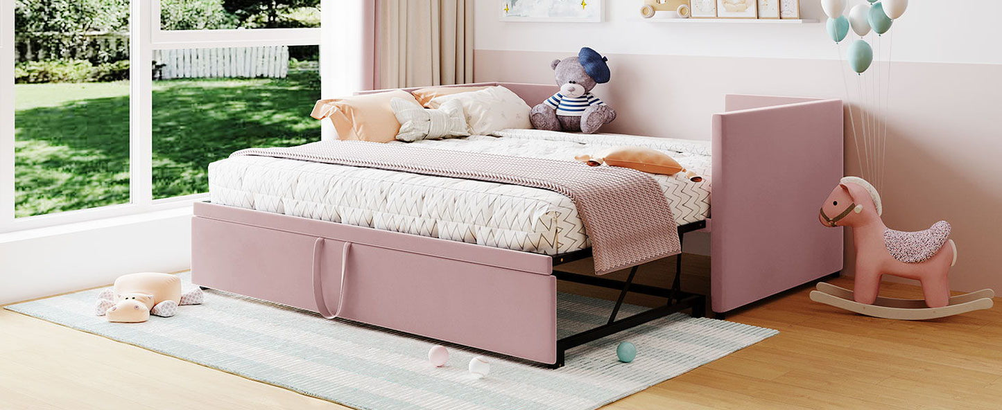 Twin Size Upholstered Daybed With Pop Up Trundle - Pink