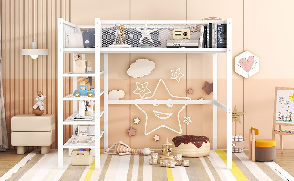 Full Size Loft Bed With 4 Tier Shelves And Storage - White