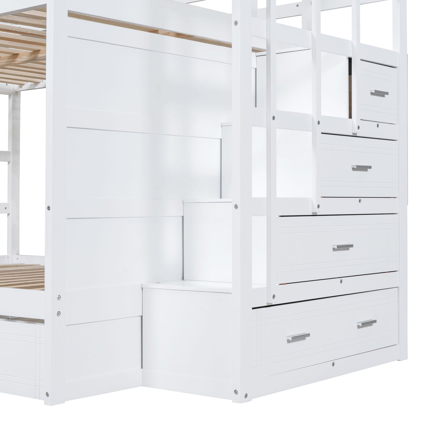 Full Over Full Bunk Bed With Twin Size Trundle And Staircase - White