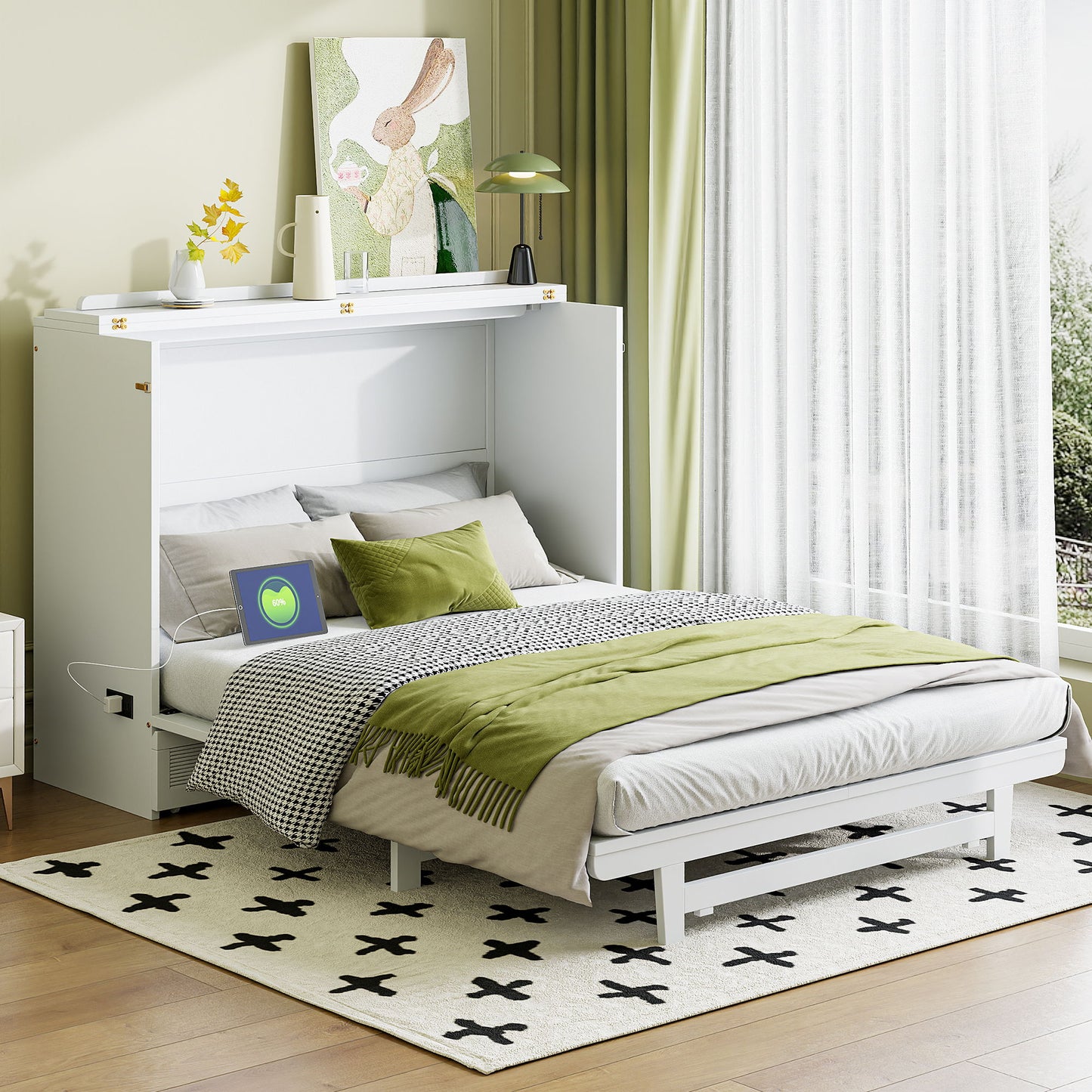 Full Size Murphy Bed With Large Drawer, USB Ports And Outlets - White