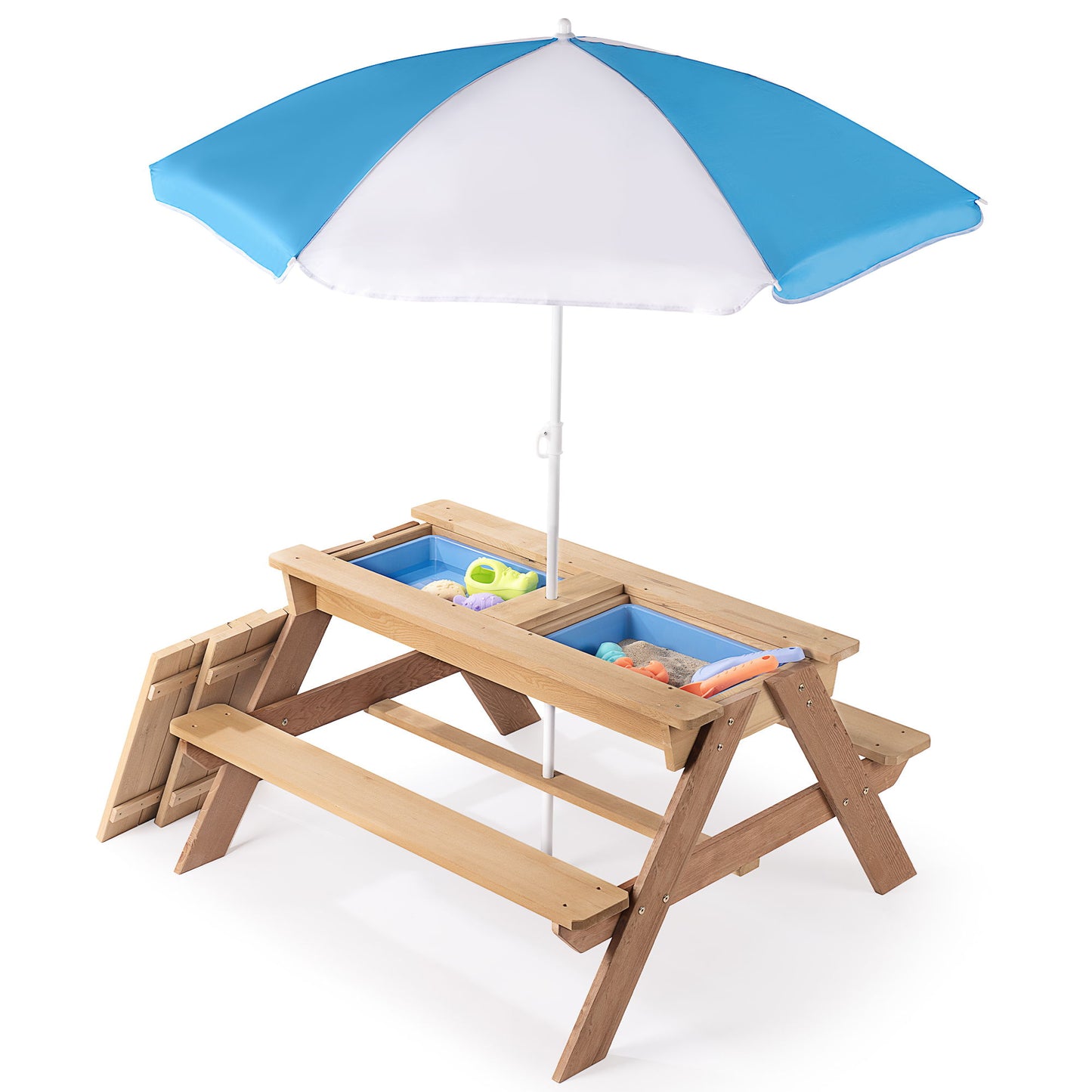 3-In-1 Kids Outdoor Wooden Picnic Table With Umbrella, Convertible Sand & Water, ASTM & CPSIA Certification - Natural Wood