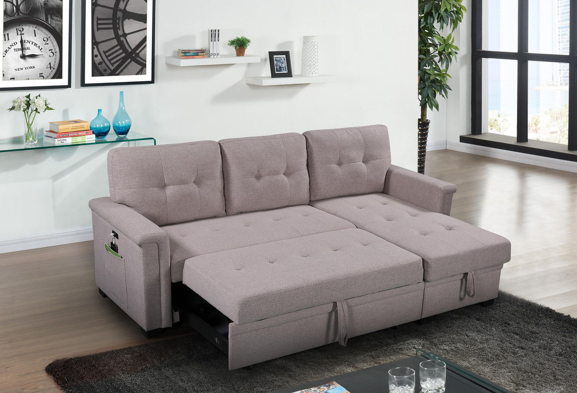 Ashlyn - Reversible Sleeper Sectional Sofa With Storage Chaise, USB Charging Ports And Pocket - Light Gray