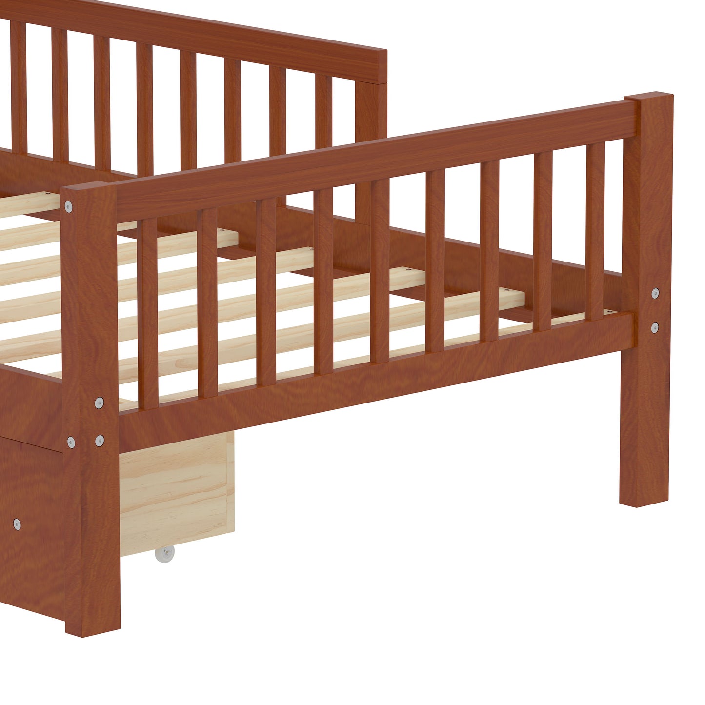 Twin Size Bed With Headboard Storage Rack, 2 Under Bed Drawers, 3 - Side Guardrails For Safety And Security - Walnut