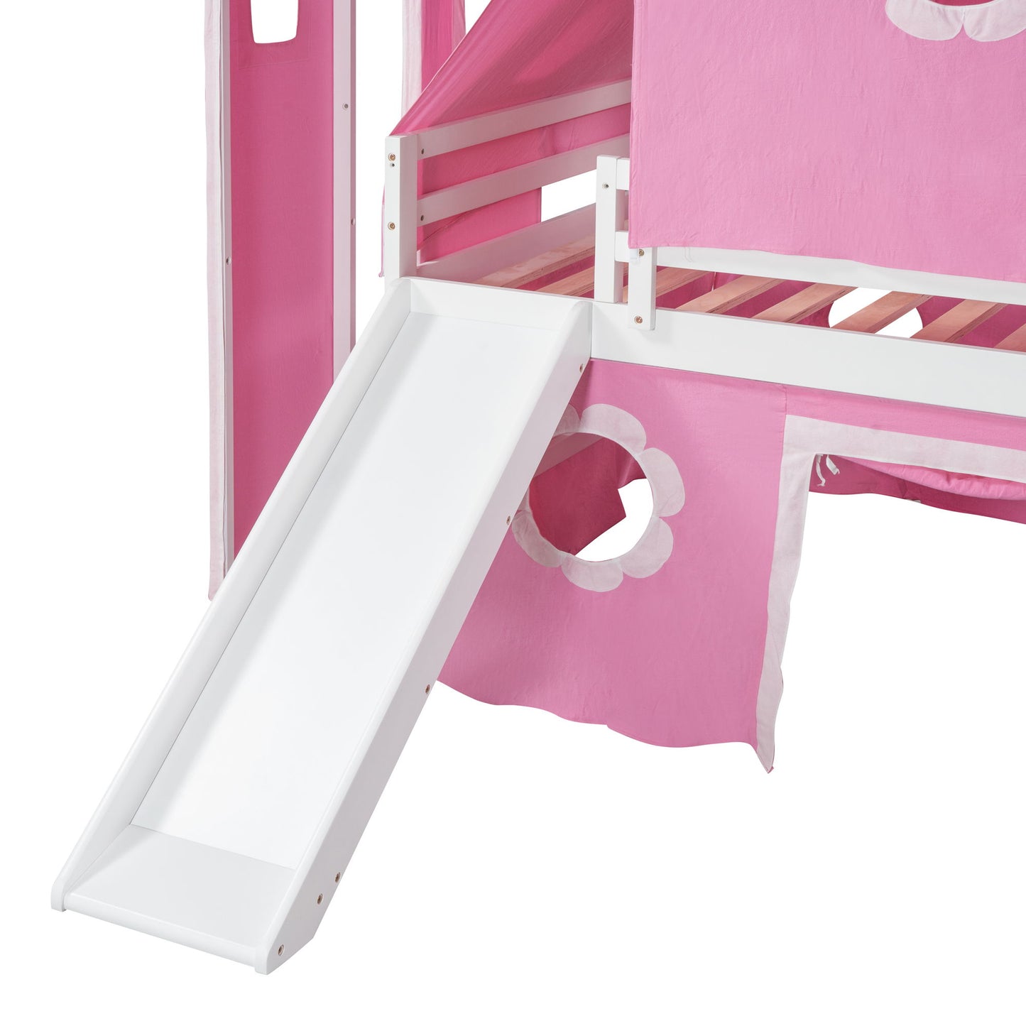 Full Size Loft Bed With Slide And Tent Tower Space Saving Fun Design For Kids - Pink