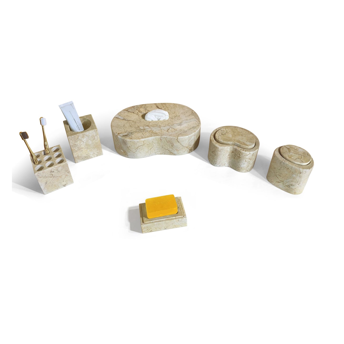 Marble Bathroom Accessories Set, Natural Stone - Beige / Gold / Beige / Yellow