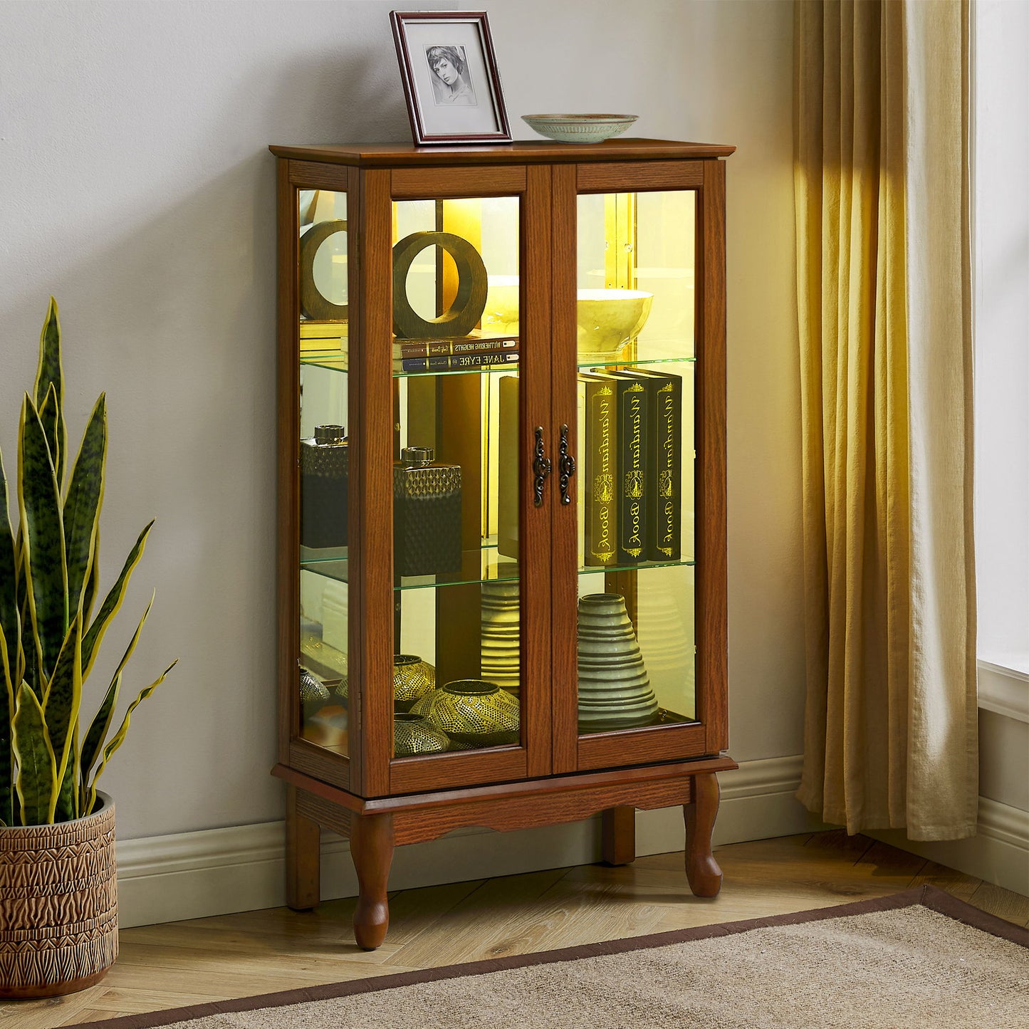Curio Cabinet Lighted Curio Diapaly Cabinet With Adjustable Shelves And Mirrored Back Panel, Tempered Glass Doors (3 Tier), (E26 Light Bulb Not Included) - Oak