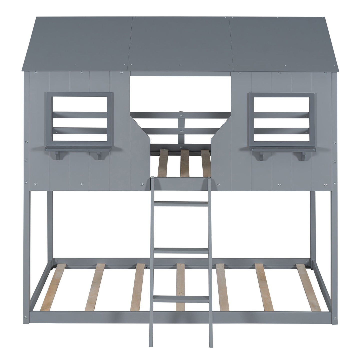 Twin Over Twin Bunk Bed With Roof, Window, Guardrail, Ladder - Gray