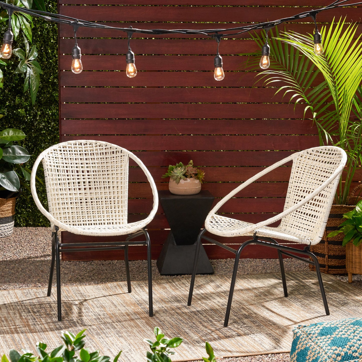 Outdoor Faux Rattan Wicker Chair With Iron Frame (Set of 2) - White / Black