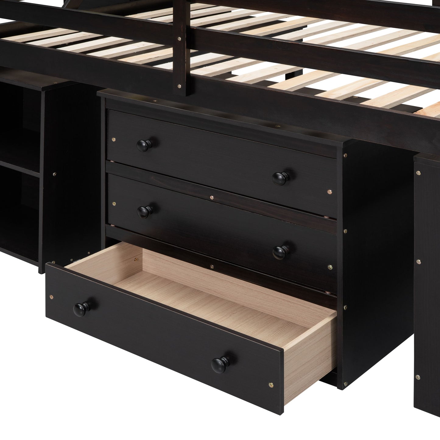 Full Size Loft Bed With Retractable Writing Desk And 3 Drawers With Storage Stairs And Shelves - Espresso