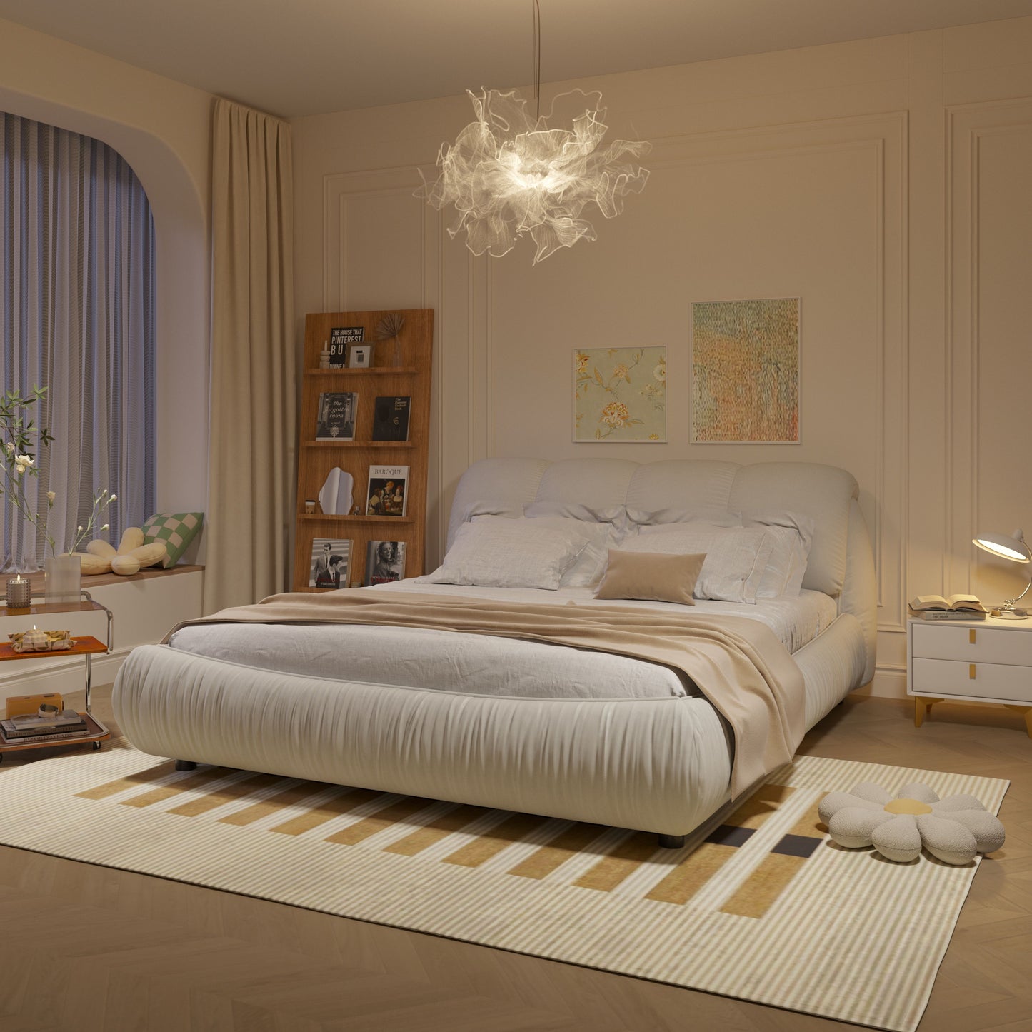 Queen Size Luxury Upholstered Platform Bed With Oversized Padded Backrest And Solid Wood Frame, Suitable For Multiple Heights Of Mattresses - Beige
