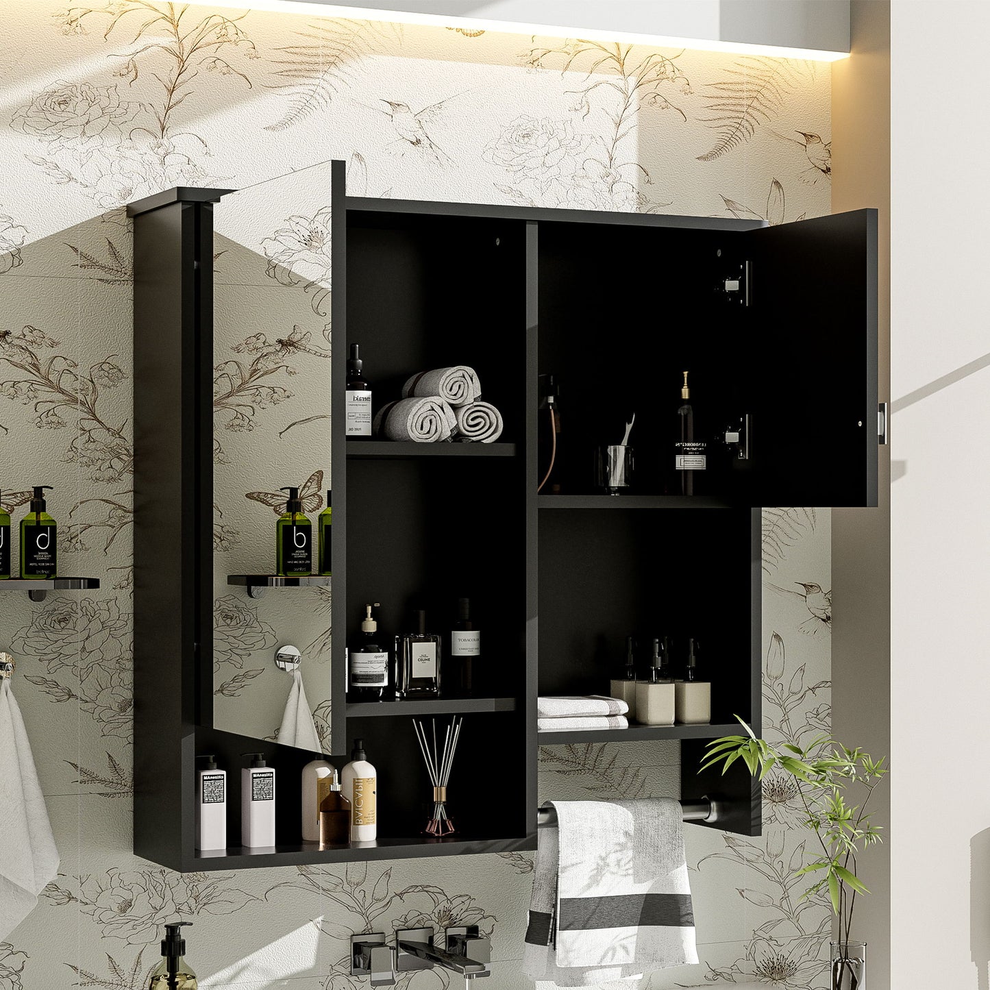 Modern Wall Mounted Bathroom Medicine Cabinet, Bathroom Wall Storage Cabinet With Mirror, Over The Toilet Space Saver Cabinet With Towels Bar - Black